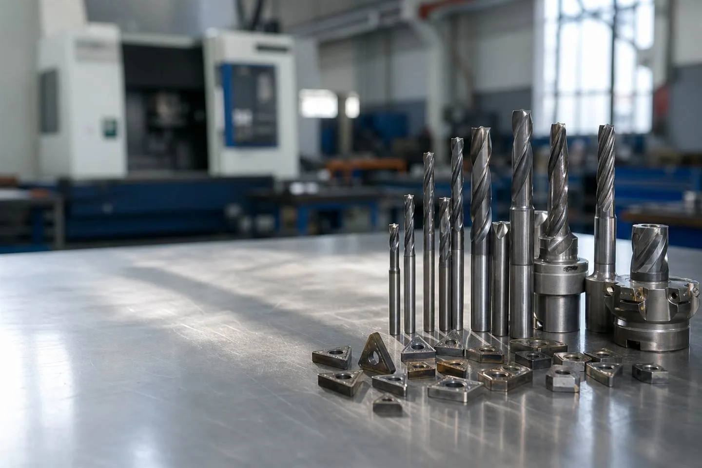 VHM-Bohrer, Fräser und Wendeschneidplatten in einer CNC-Werkstatt